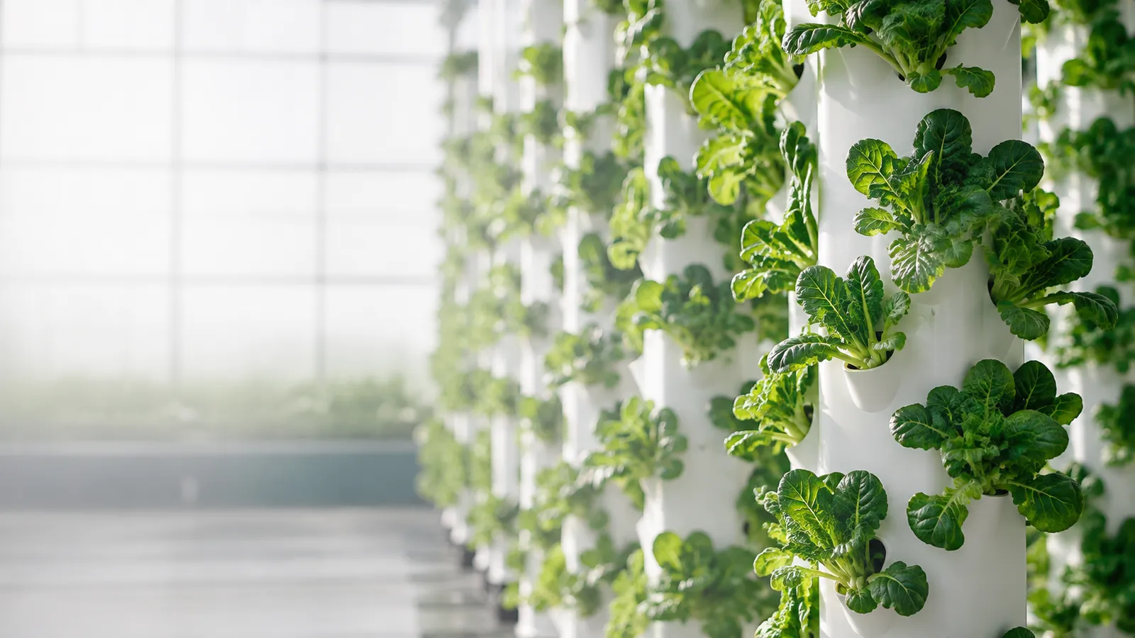 White aeroponic growing towers planted with leafy greens inside a bright greenhouse