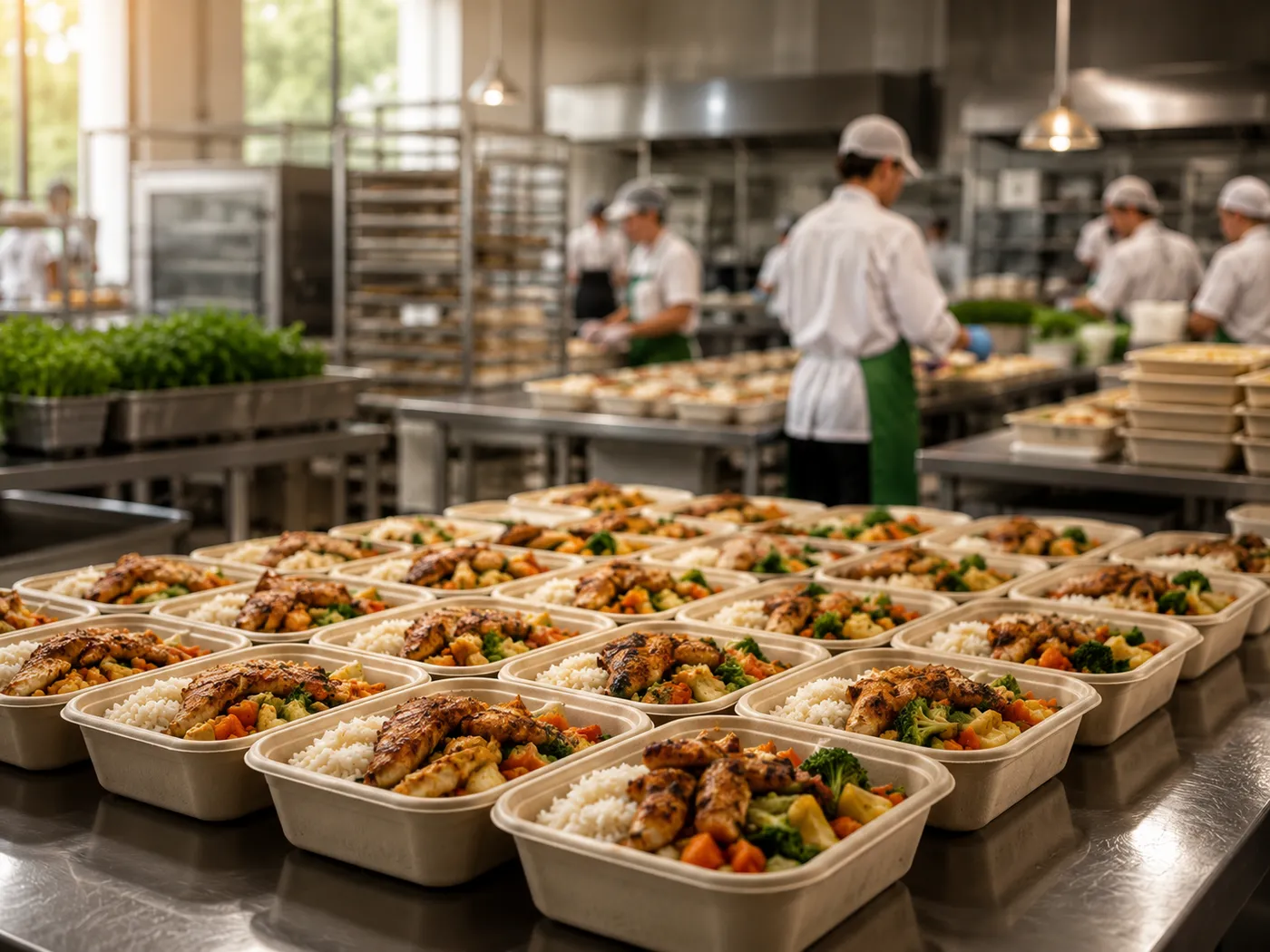 Rows of portioned meal trays on a central-kitchen service line