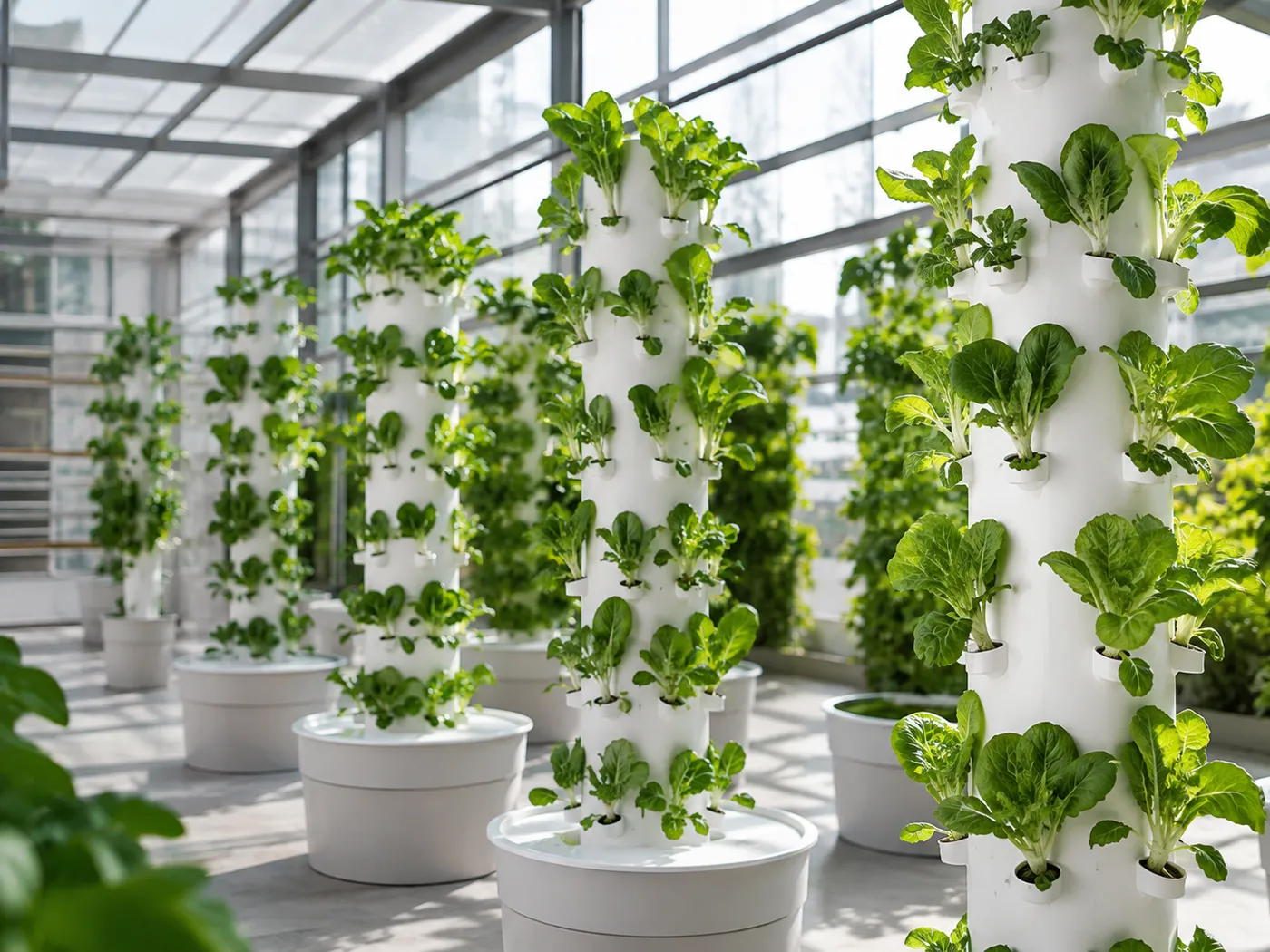 White aeroponic growing towers with leafy greens in a sunlit glasshouse