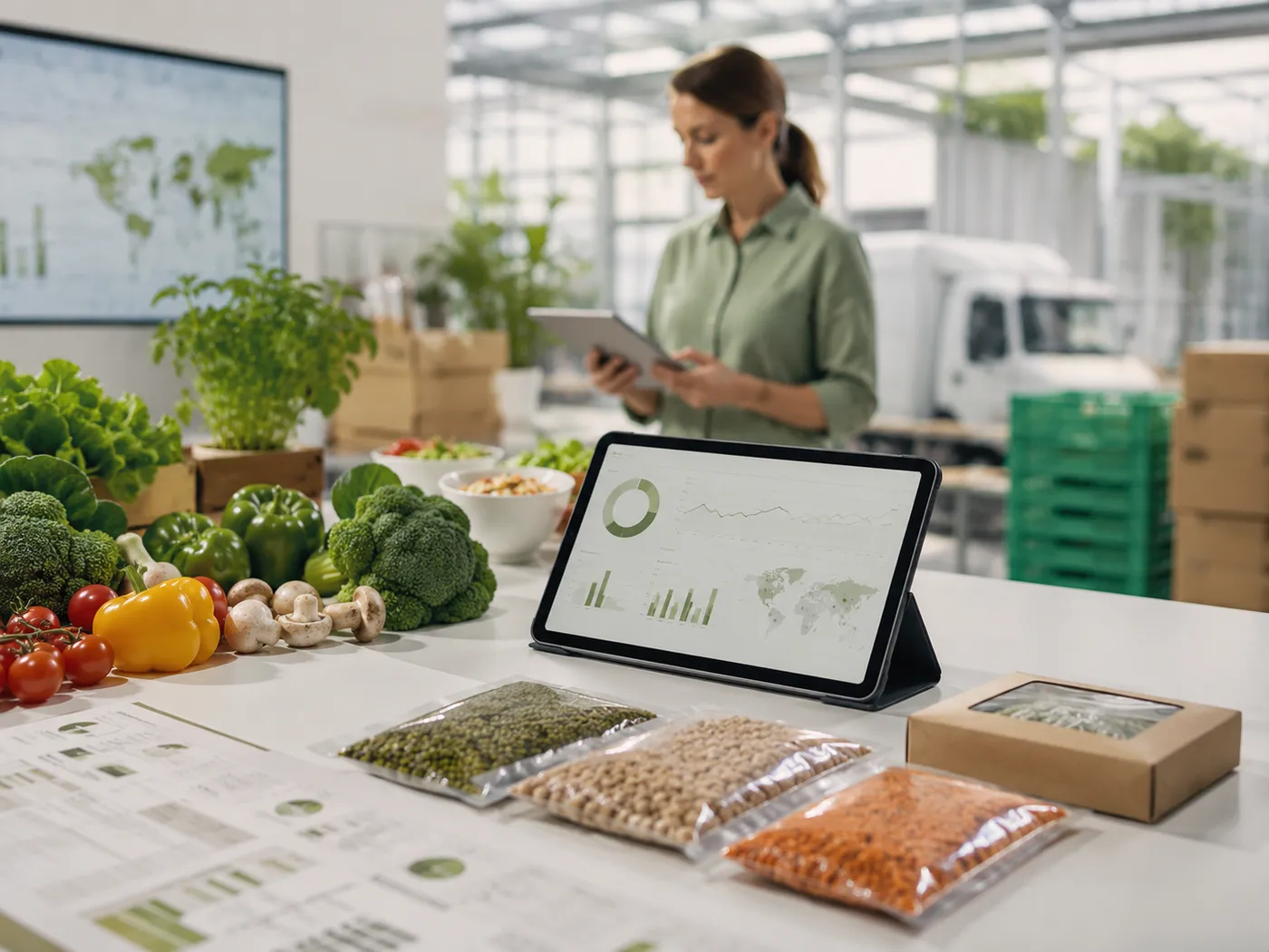 Planning dashboard on a tablet beside fresh produce, packed rations and dispatch crates