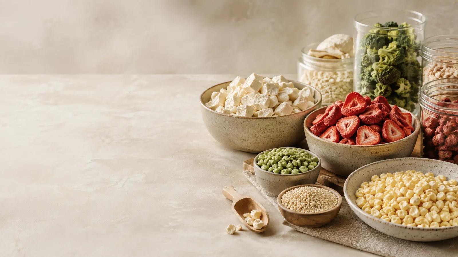 Ceramic bowls and glass jars of freeze-dried strawberries, sweet corn, peas, broccoli and other foods on a stone counter