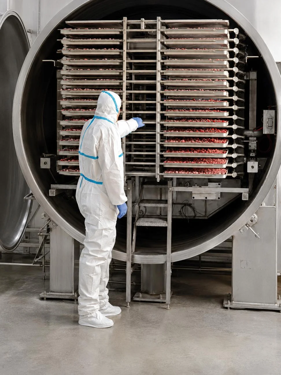 Open freeze-drying chamber with trays of berries, fruit and vegetables on stainless racks