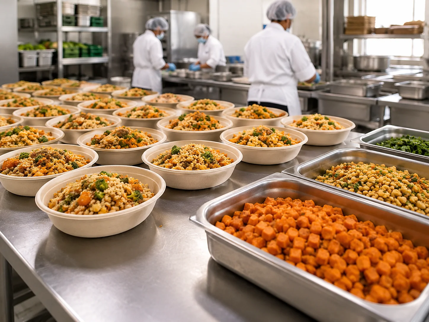 Institutional kitchen service line portioning meals at scale
