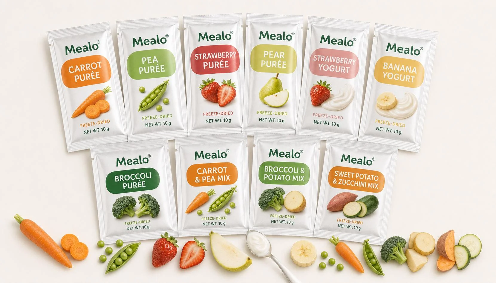 Mealo single-serve freeze-dried baby-food sachets