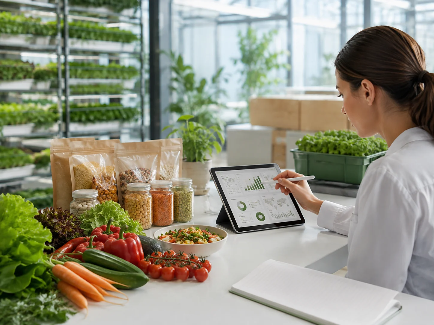 Analyst reviewing production and nutrition dashboards on a tablet beside fresh produce in a vertical farm