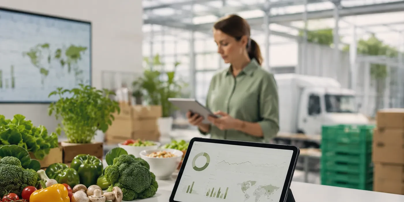 Stockpile, nutrition and logistics dashboards open beside the season's crops and outbound crates