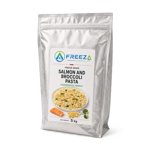Freeze-dried Salmon and Broccoli Pasta, supplied as 5 kg mylar pouch